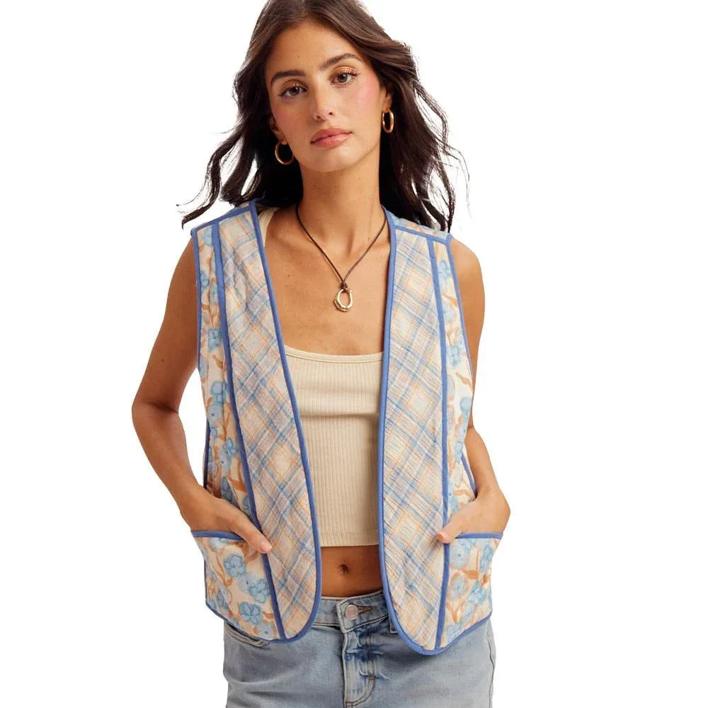 Hem And Thread Women's Blue Reversible Floral & Plaid Vest