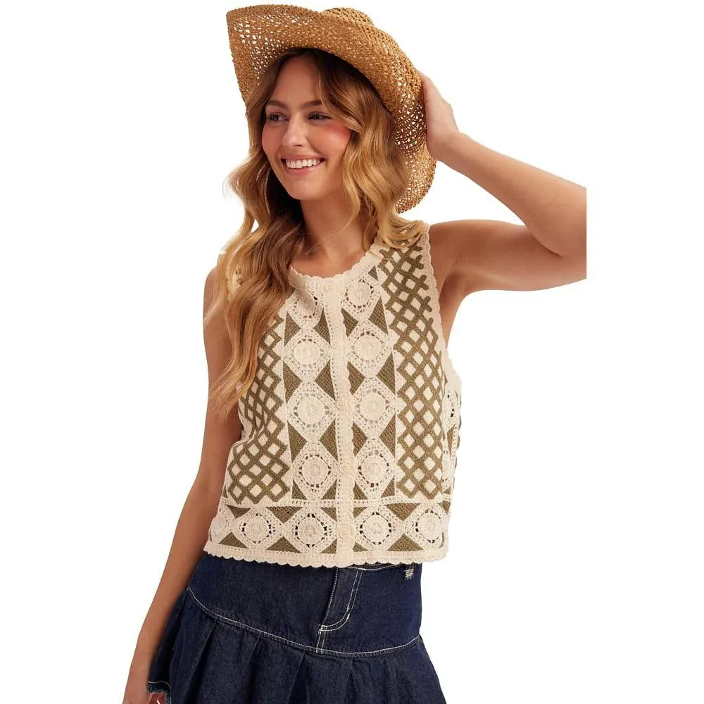 Hem And Thread Women's Olive Button Crochet Vest