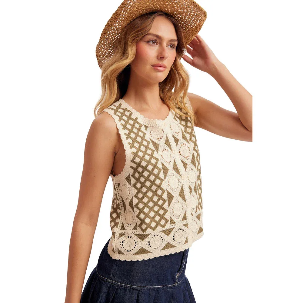 Hem And Thread Women's Olive Button Crochet Vest - Image 2