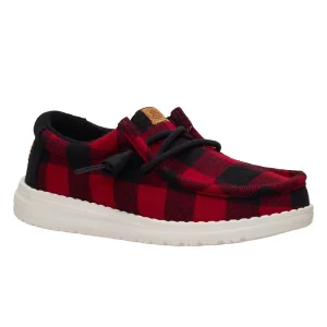 Hey Dude Youth Wally Buffalo Check Flame Scarlet and Black