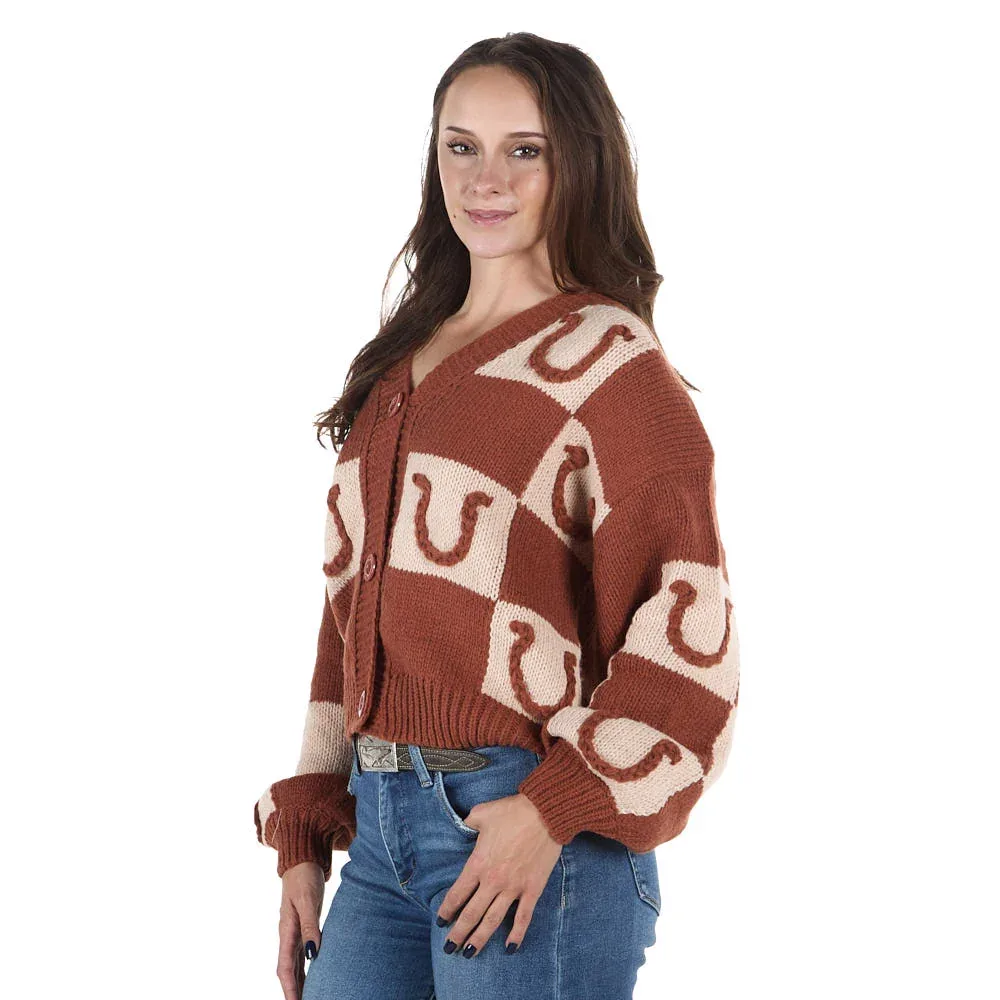 Howdy Hanny Women's Horseshoe Brown Cardigan - Image 2