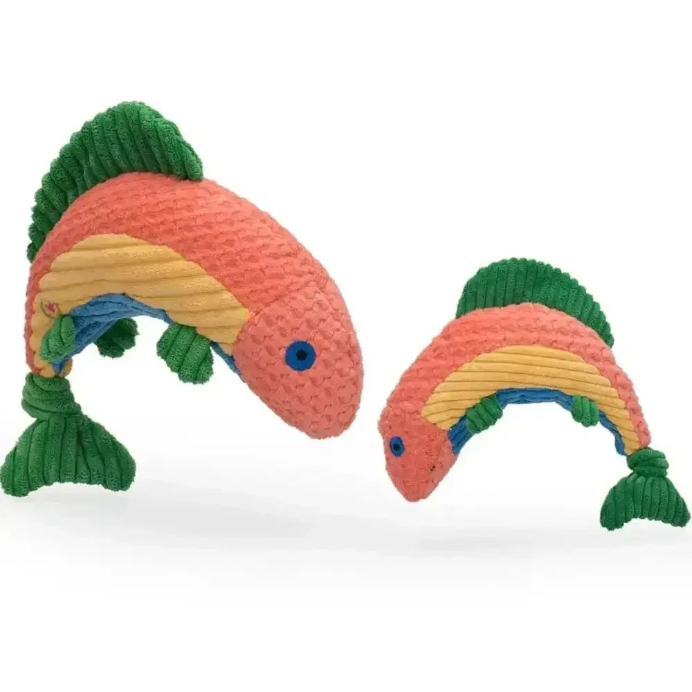 HuggleHounds Raucous Rainbow Trout Knottie Tough Squeaky Plush Dog Toy