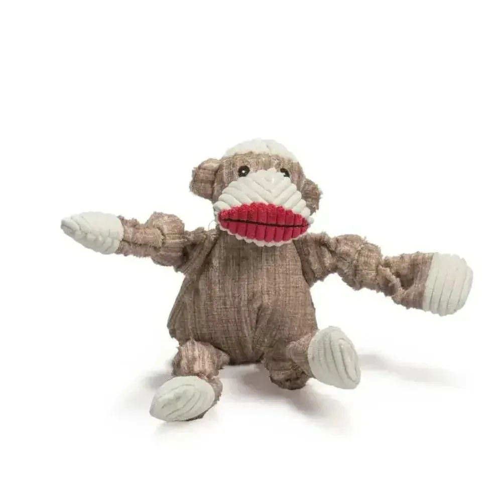 HuggleHounds Sock Monkey Durable Plush Corduroy Knottie Squeaky Dog Toy