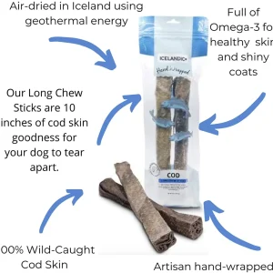Icelandic+ 2pc/10" Cod Skin Chew Stick Natural Dehydrated Cat and Dog Treats - 5 oz
