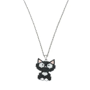 Jenni & Janki Cat Handcrafted Miyuki Delica Beaded Necklace (Black)