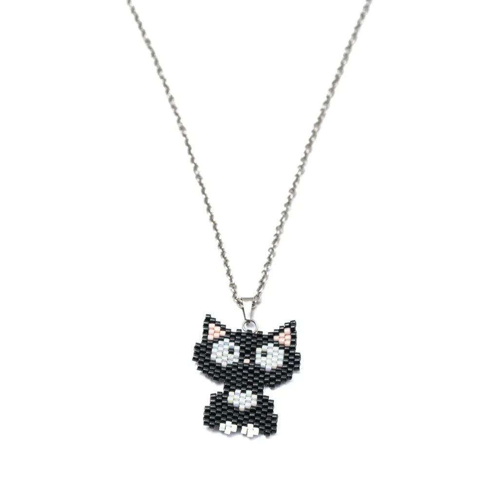 Jenni & Janki Cat Handcrafted Miyuki Delica Beaded Necklace (Black)