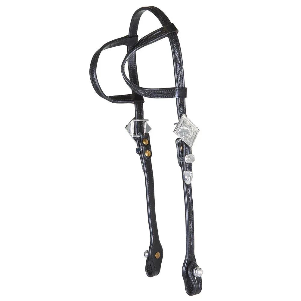 Kathys Show Equipment Tooled Black Double Ear Silver Show Headstall