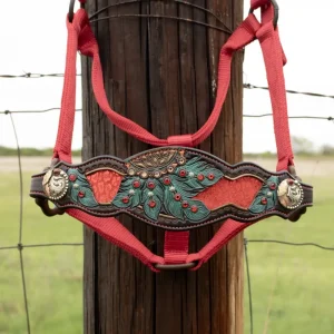 Kk Leathers Red Turquoise Dream Catcher Crystal Bronc Noseband Nylon Halter