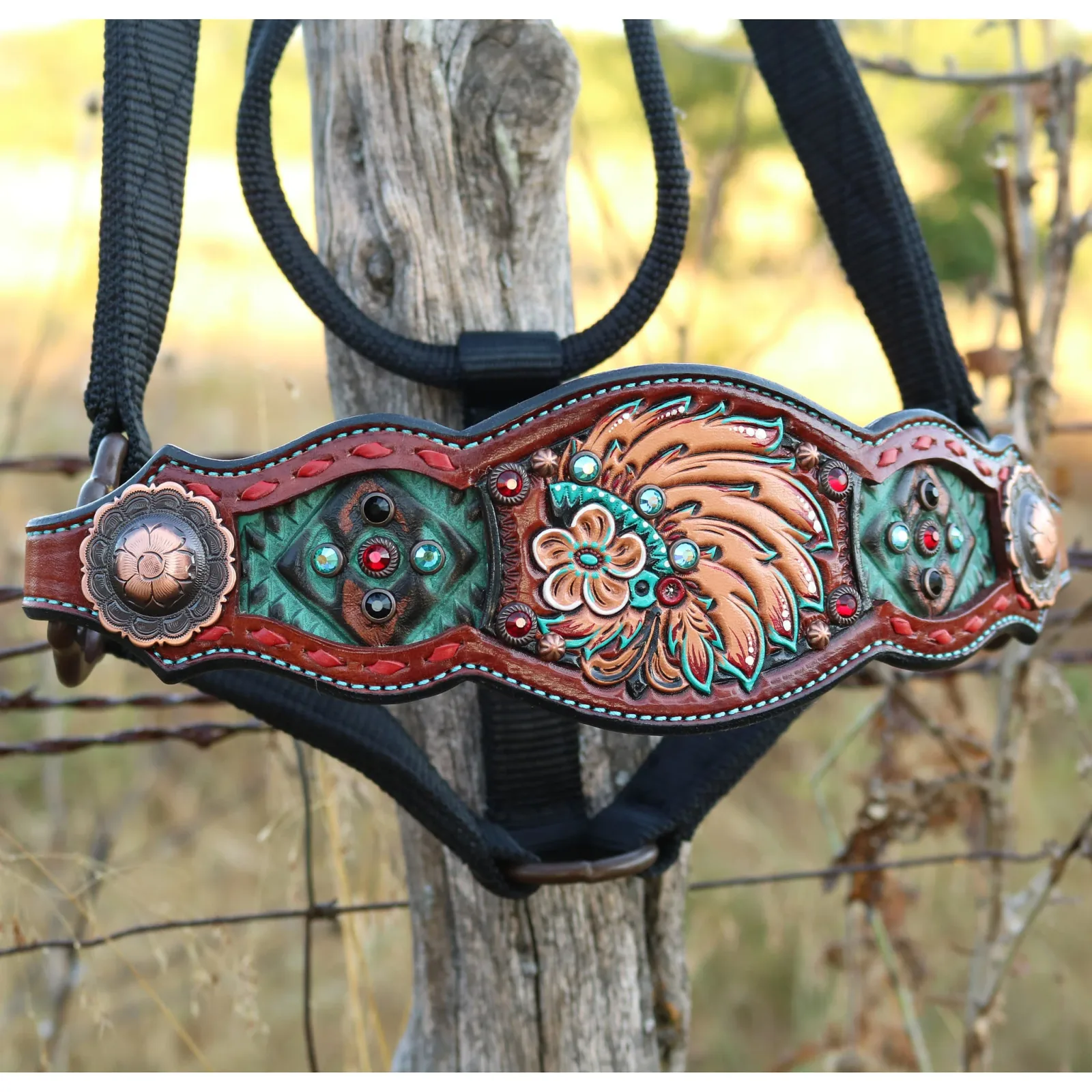 Kk Leathers Turquoise Red Indian Headdress Bronc Halter - Image 2