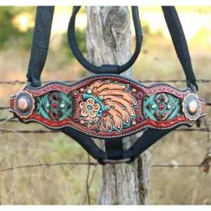 Kk Leathers Turquoise Red Indian Headdress Bronc Halter
