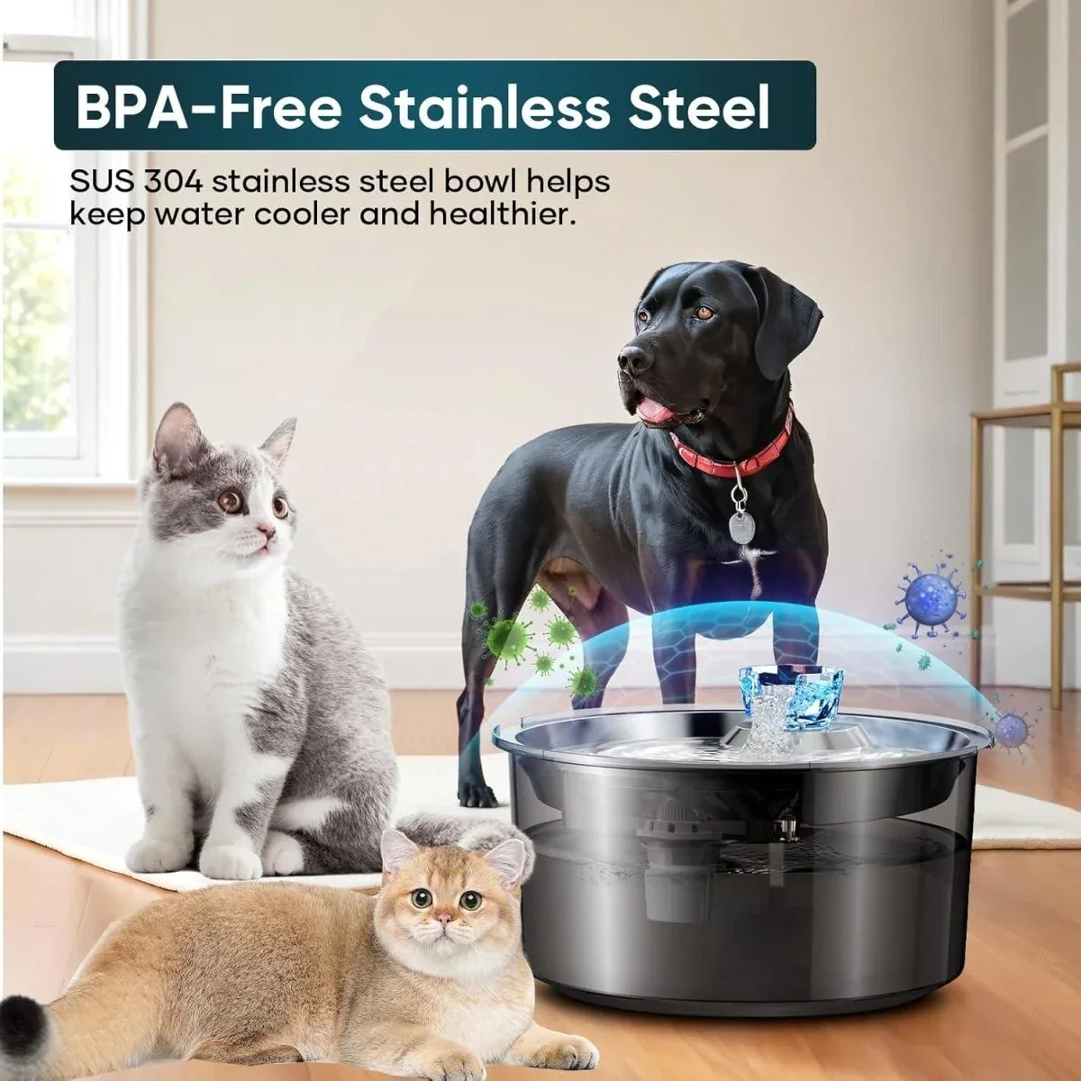 LESOTC 2.6-Gallon Stainless Steel Dog & Cat Water Fountain - 10 L - Image 2