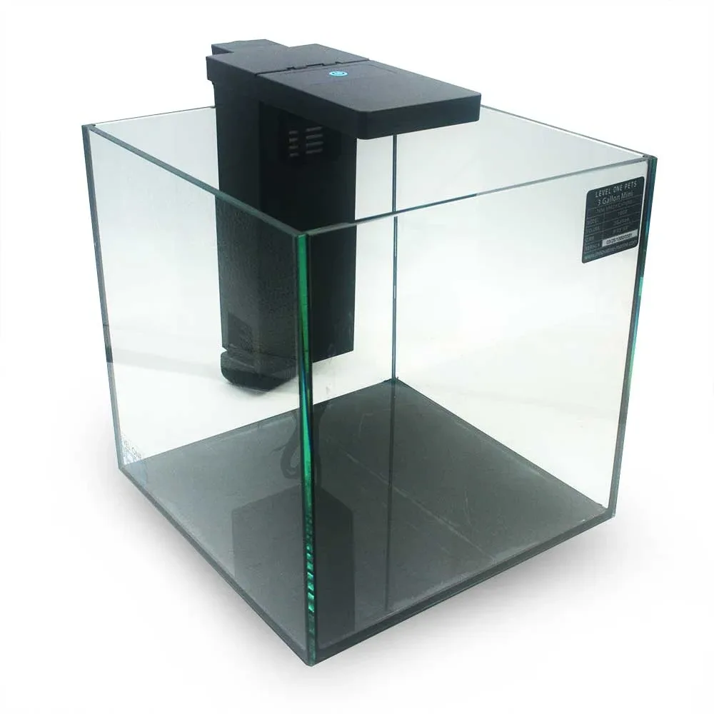 Level One Pets 3 Gallon Mini Aquarium Kit - Cube Glass Tank with Built-In Submersible Filter & Tap-Control LED Light
