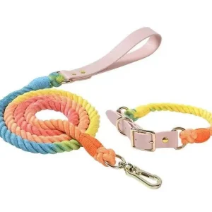 Luxe Royal Leather Rope Dog Leash and Dog Collar Set - Classic Rainbow