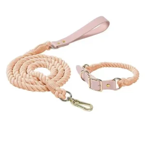 Luxe Royal Leather Rope Dog Leash and Dog Collar Set - Cotton Coral