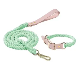 Luxe Royal Leather Rope Dog Leash and Dog Collar Set - Mint Green
