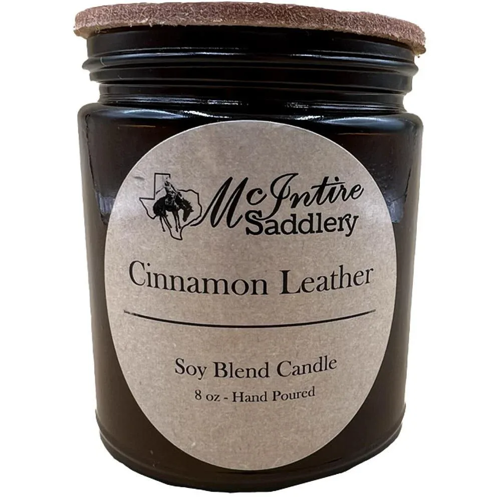 Mcintire Saddlery Cinnamon Leather 8oz Amber Glass Candle