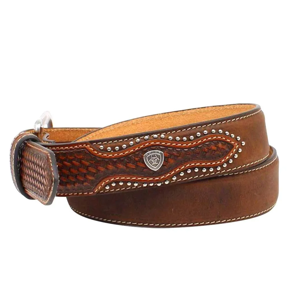 Men's Ariat Brown Leather Belt with Basketweave Tabs - Image 2