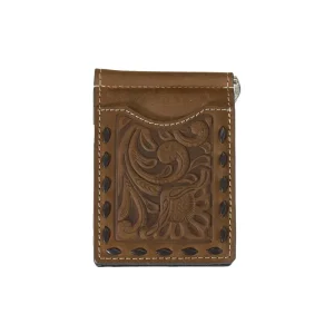 Men's Chocolate Tooled Floral Money Clip Wallet