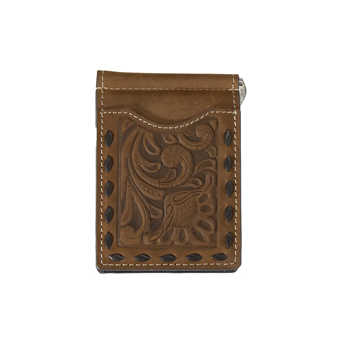 Men's Chocolate Tooled Floral Money Clip Wallet - Image 2