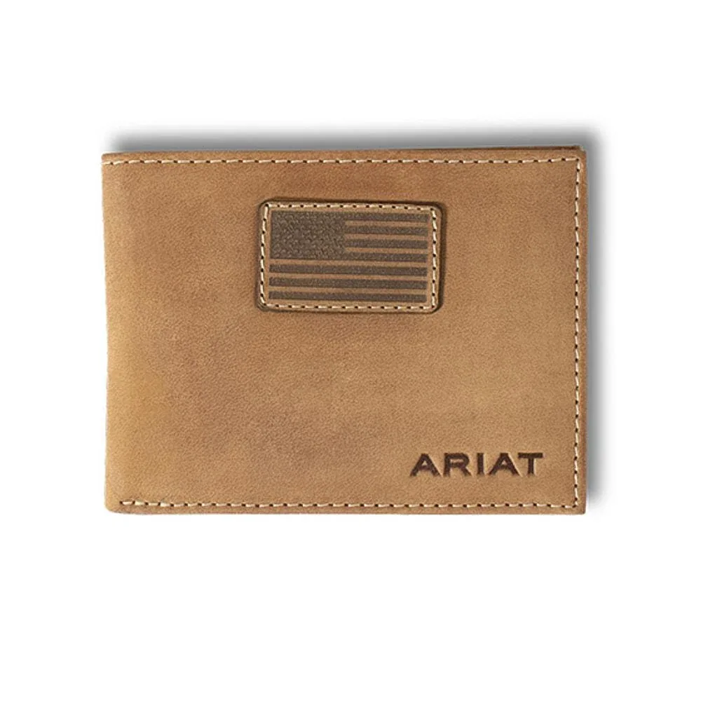 Mens Flag Patch Tan Leather Bifold Wallet