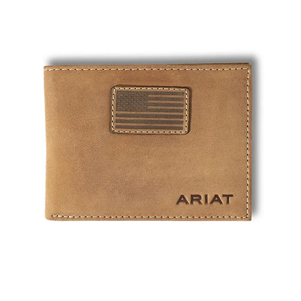 Mens Flag Patch Tan Leather Bifold Wallet - Image 2