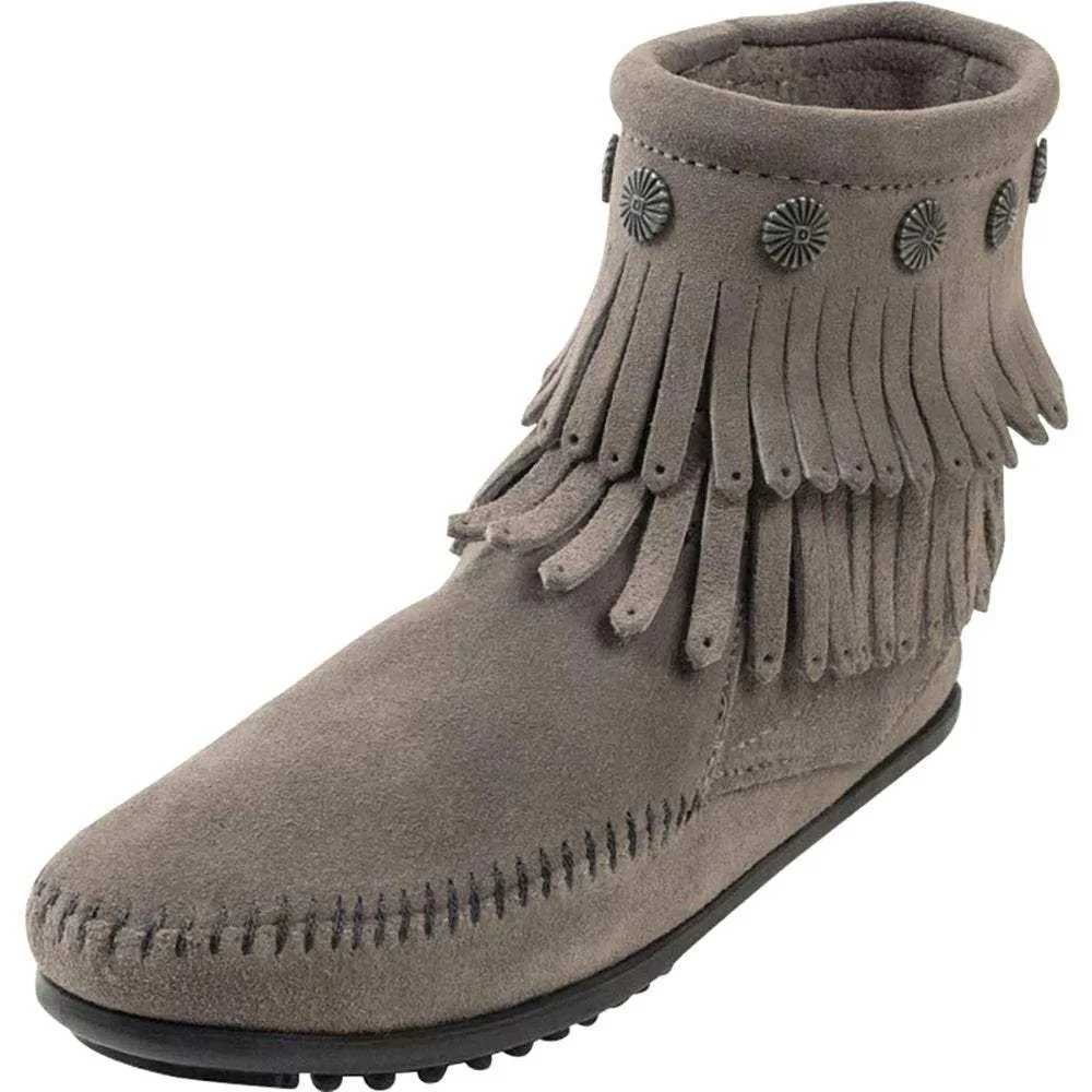 Minnetonka Grey Double Fringe Side Zip Boot-6in Top