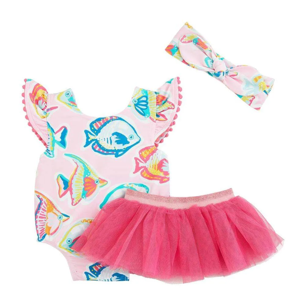 Mud Pie Girl's Fish and Stripe Reversible Swimsuit Set