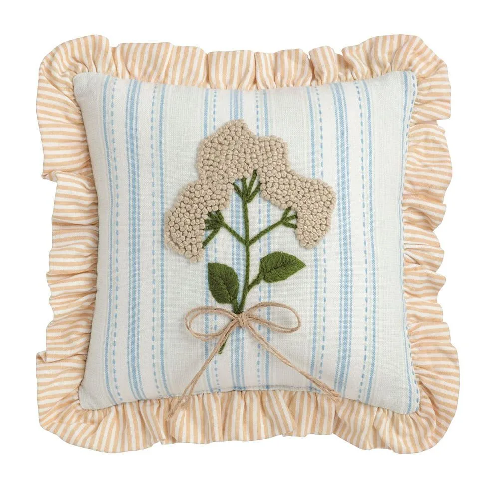 Mud Pie Multi Stripe Ruffle Floral Embroidered Pillow