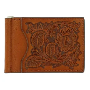 Nocona Brown Tooled Leather Bill Fold Mens Money Clip