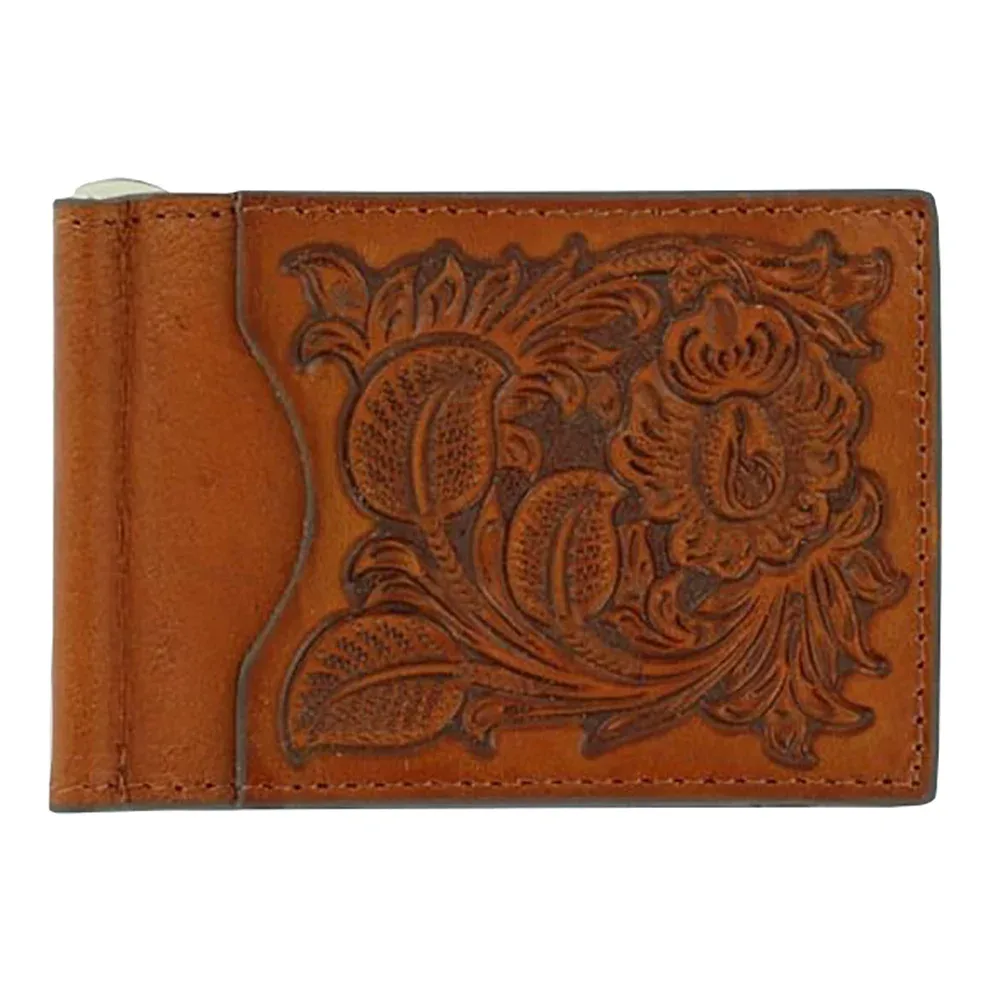 Nocona Brown Tooled Leather Bill Fold Mens Money Clip