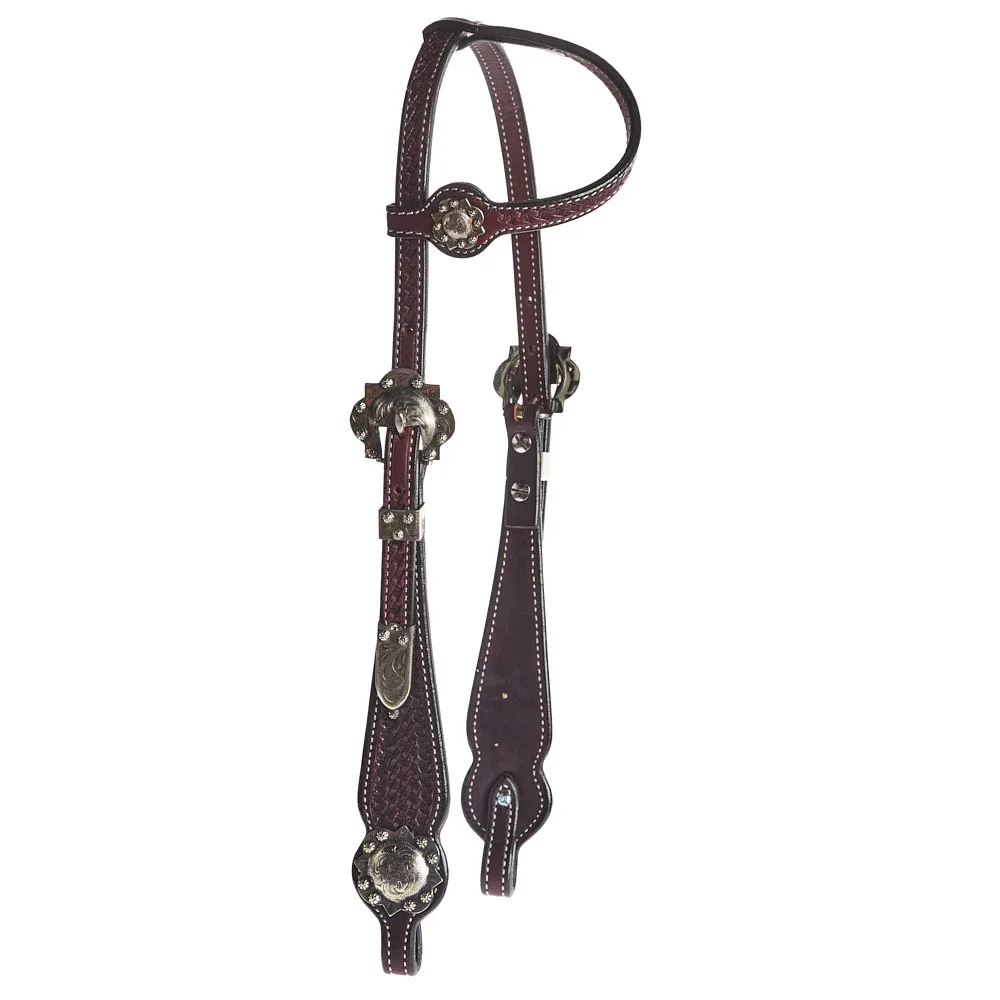 NRS Single Ear Basket Stamped Antique Silver Show Headstall