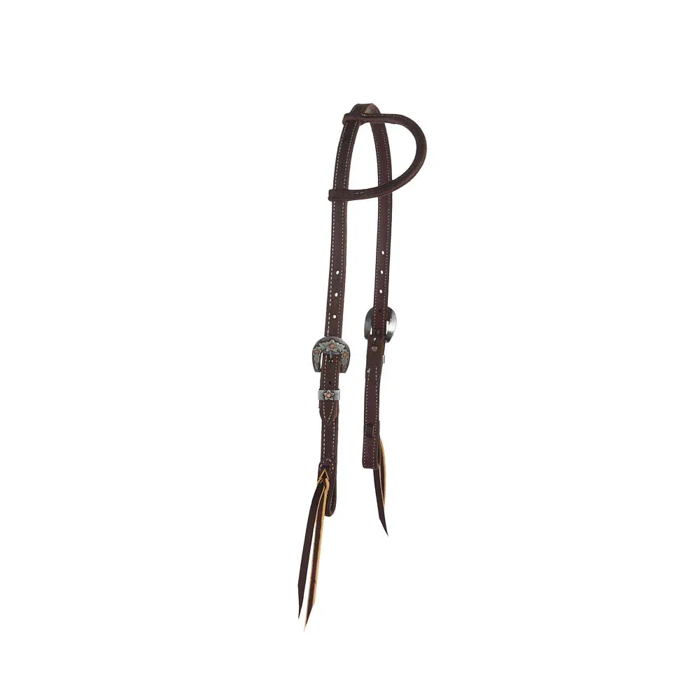 NRS TACK 3/4in Chocolate Roughout Single Ear Headstall with Floral Heel Buckles