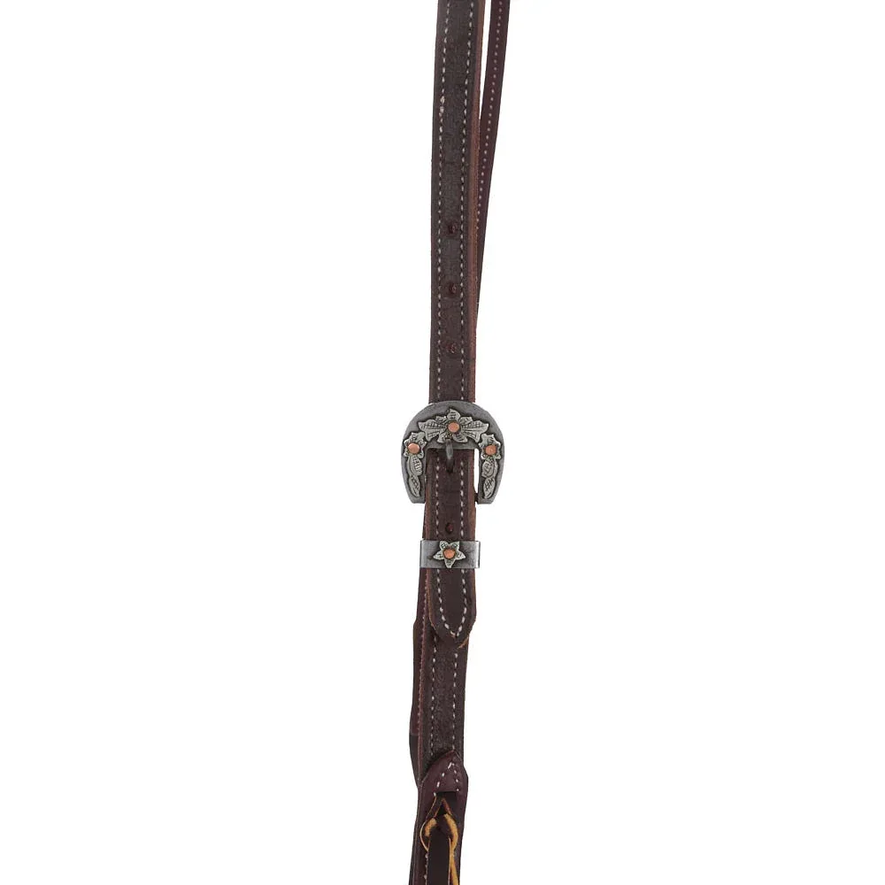 NRS Tack 3/4in Chocolate Roughout Split Headstall with Floral Heel Buckles - Image 2