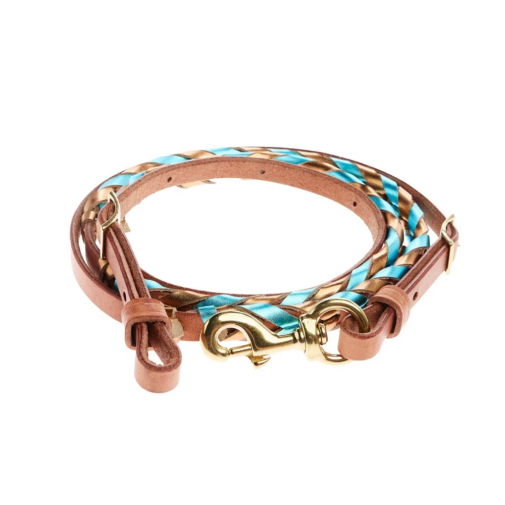 NRS Tack Metallic Bronze and Metallic Turquoise Laced Barrel Reins