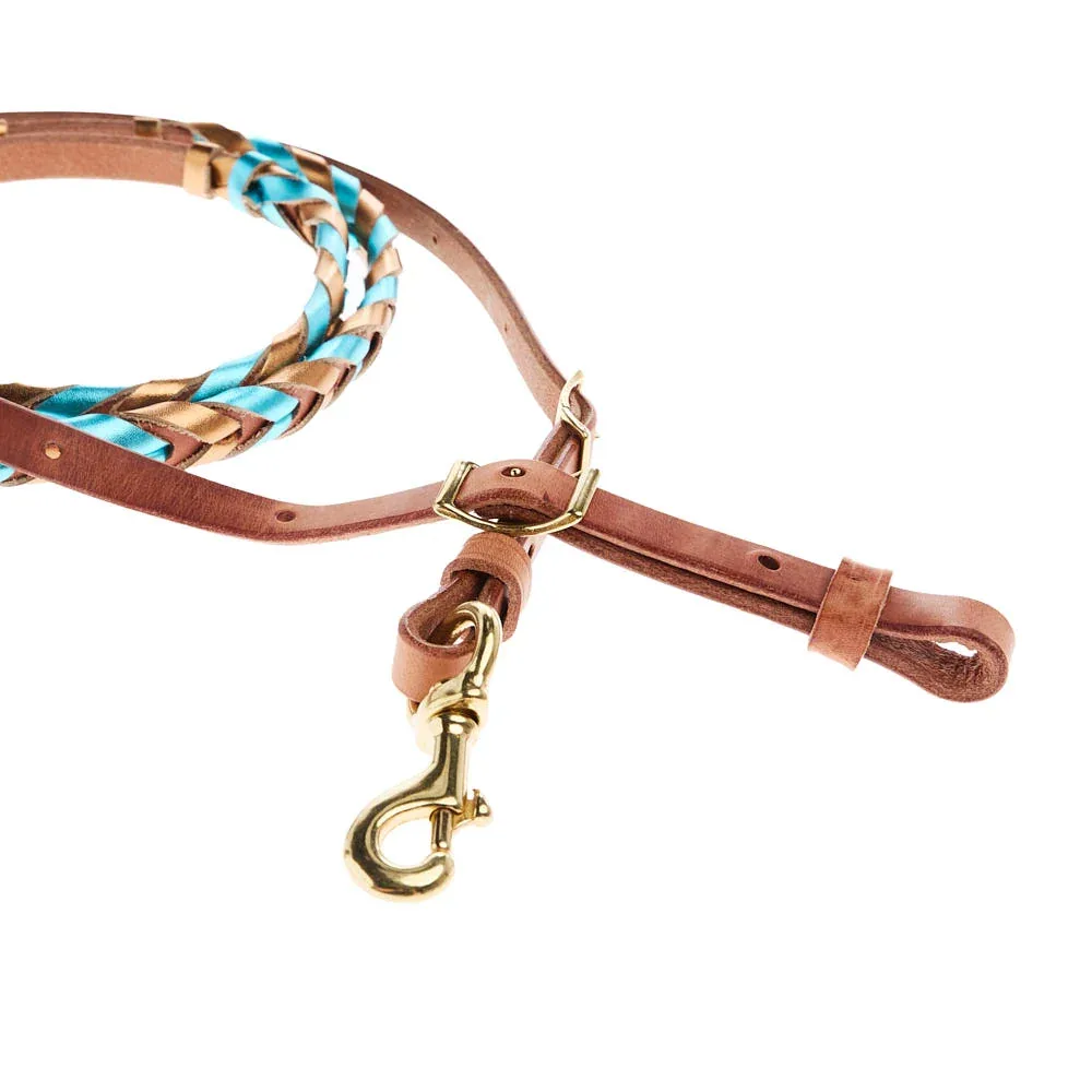 NRS Tack Metallic Bronze and Metallic Turquoise Laced Barrel Reins - Image 2