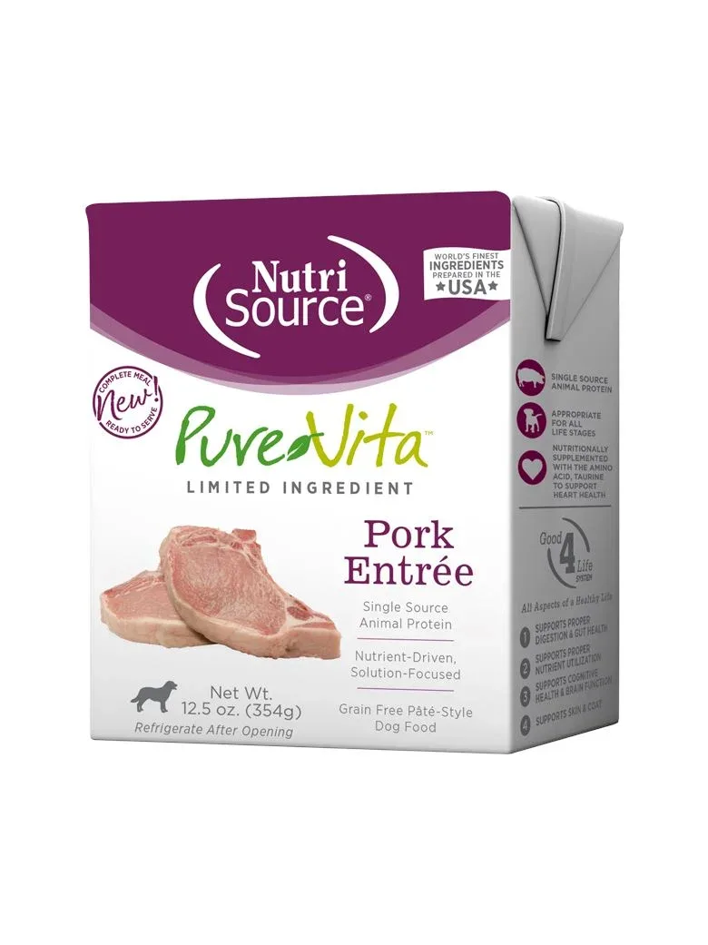 Nutrisource Pure Vita Grain-Free Pork Entrée Tetra Packs Wet Dog Food - 12.5 oz - Case of 12