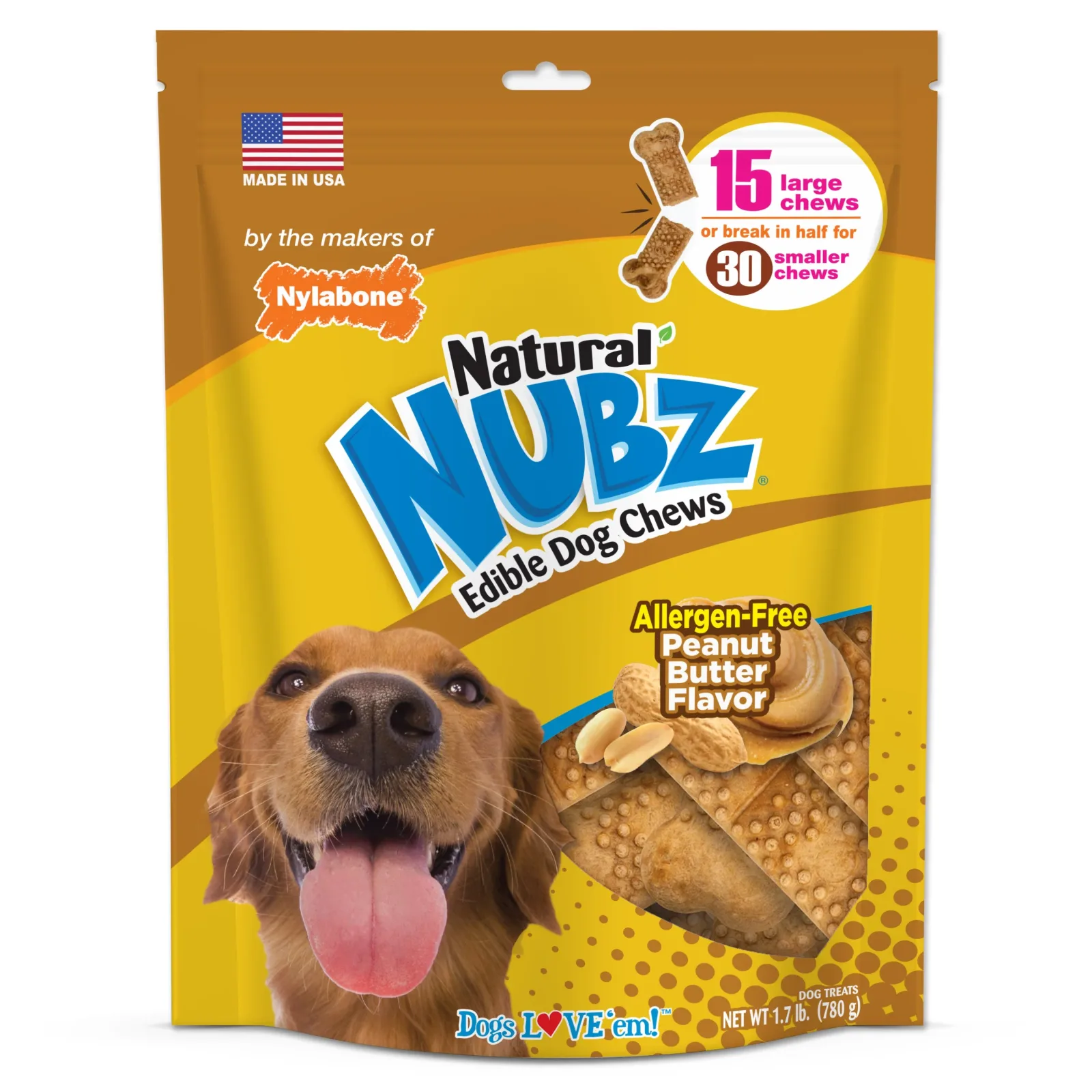 Nylabone Natural Nubz Dog Treats, AllergenFree Peanut Butter Peanut Butter, Large 30 lb. 15 ct