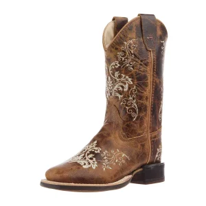 Old West Children's Burnt Tan Embroidered Square Toe Boot