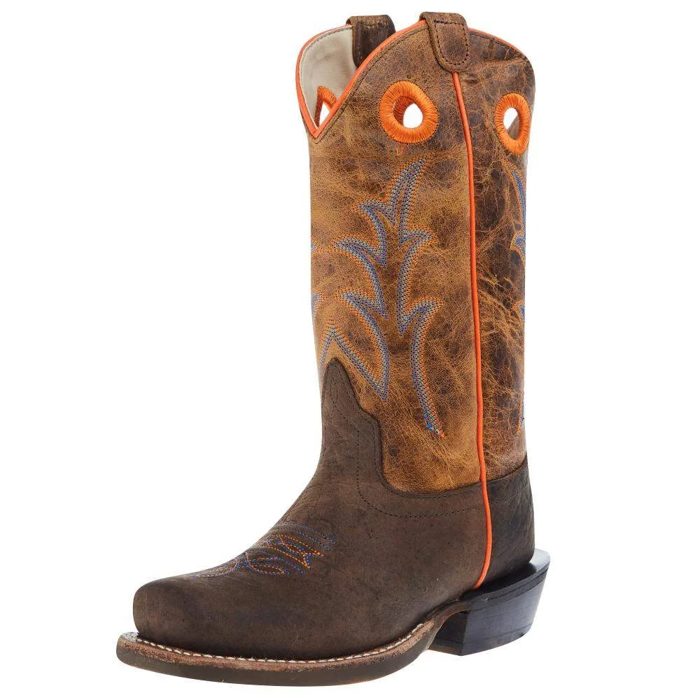 Old West Childrens Dark Brown Bull Hide Print Cutter Toe with Burnt Orange Top Boot