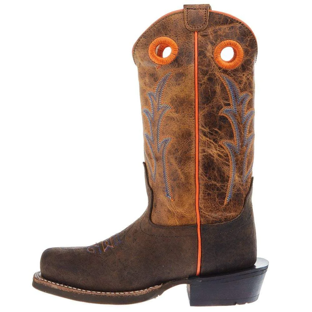 Old West Childrens Dark Brown Bull Hide Print Cutter Toe with Burnt Orange Top Boot - Image 2