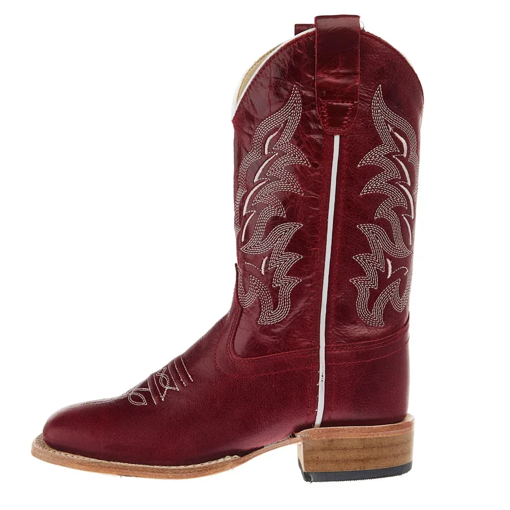 Old West Children`s Deep Red Square Toe Leather Sole Boot - Image 2