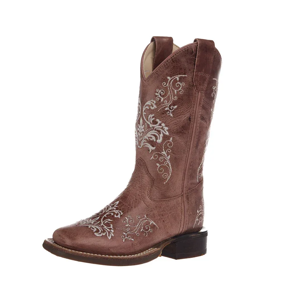 Old West Kid's Tan Embroidered Vamp Matching Top Boot