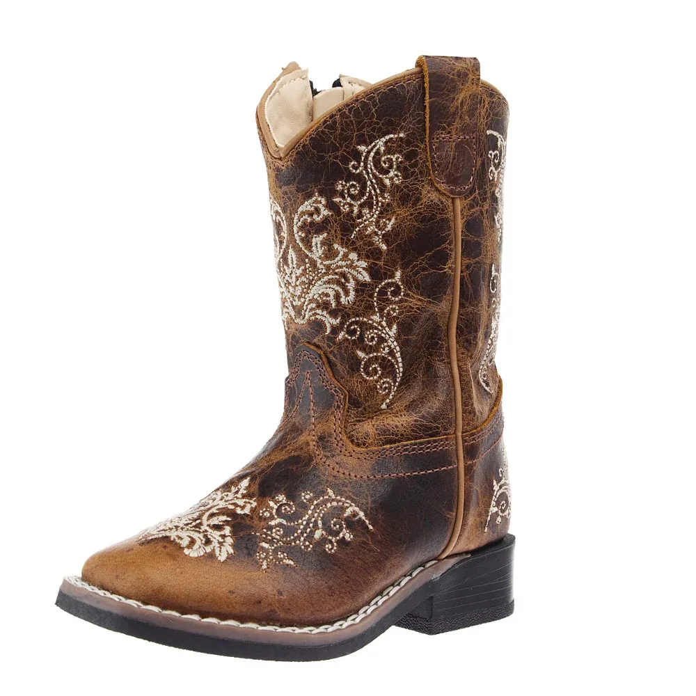 Old West Toddler Burnt Tan Embroidered Square Toe Boot