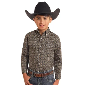 Panhandle Boys Charcoal Floral medallion Print Long Sleeve Button Down Shirt