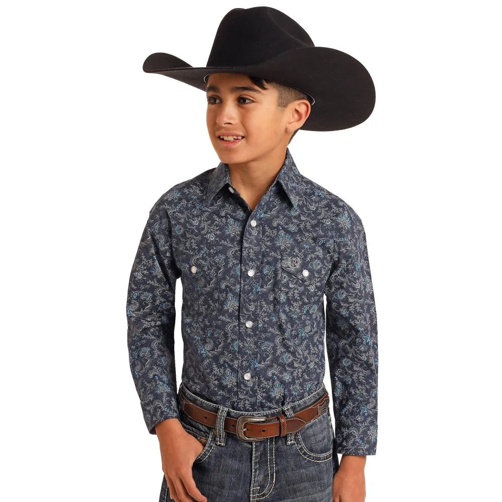 Panhandle Boys Navy Paisley Print Long Sleeve Button Shirt