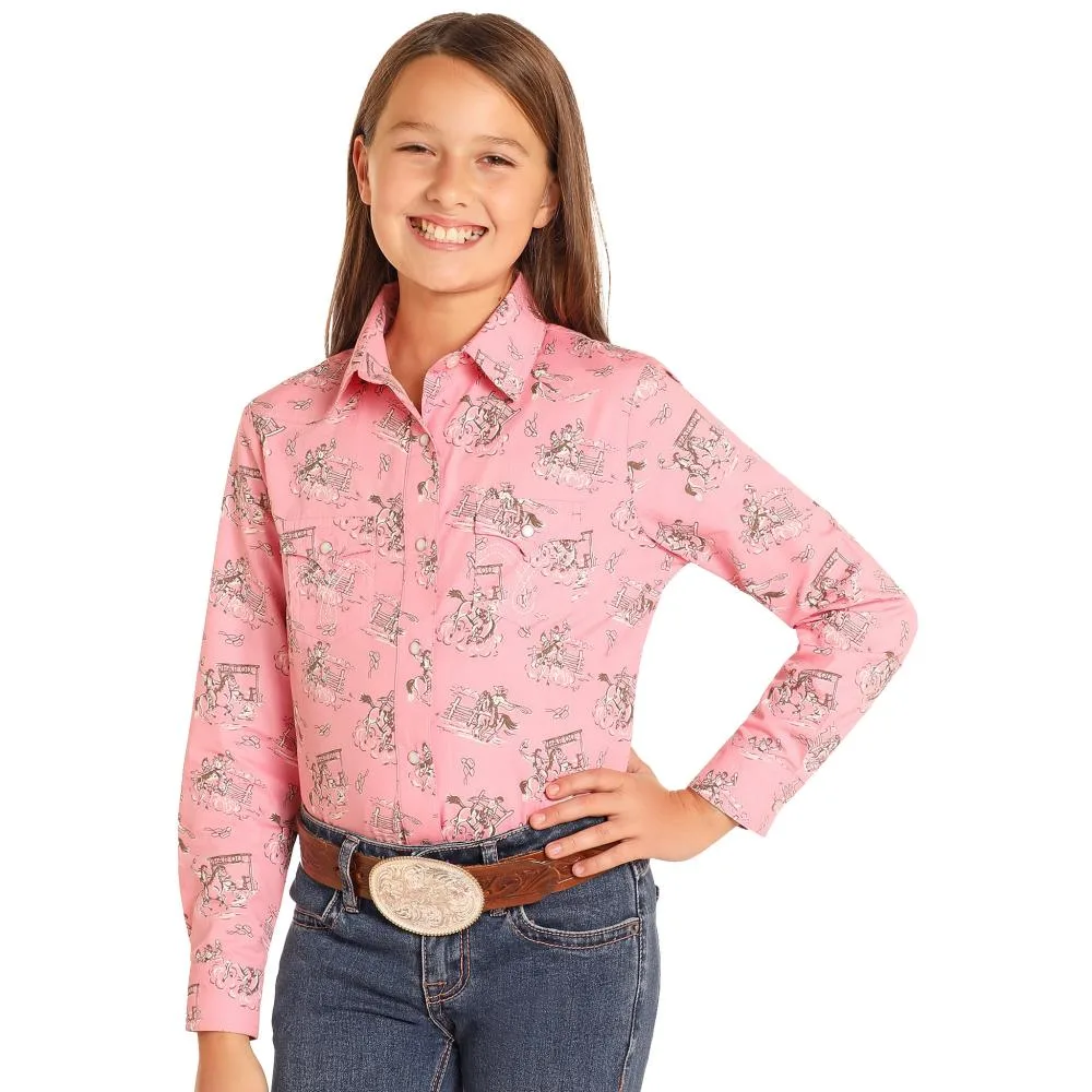 Panhandle Girls Pink Rodeo Print Snap Shirt