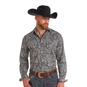 Panhandle Mens Black Paisley Print Long Sleeve Snap Shirt
