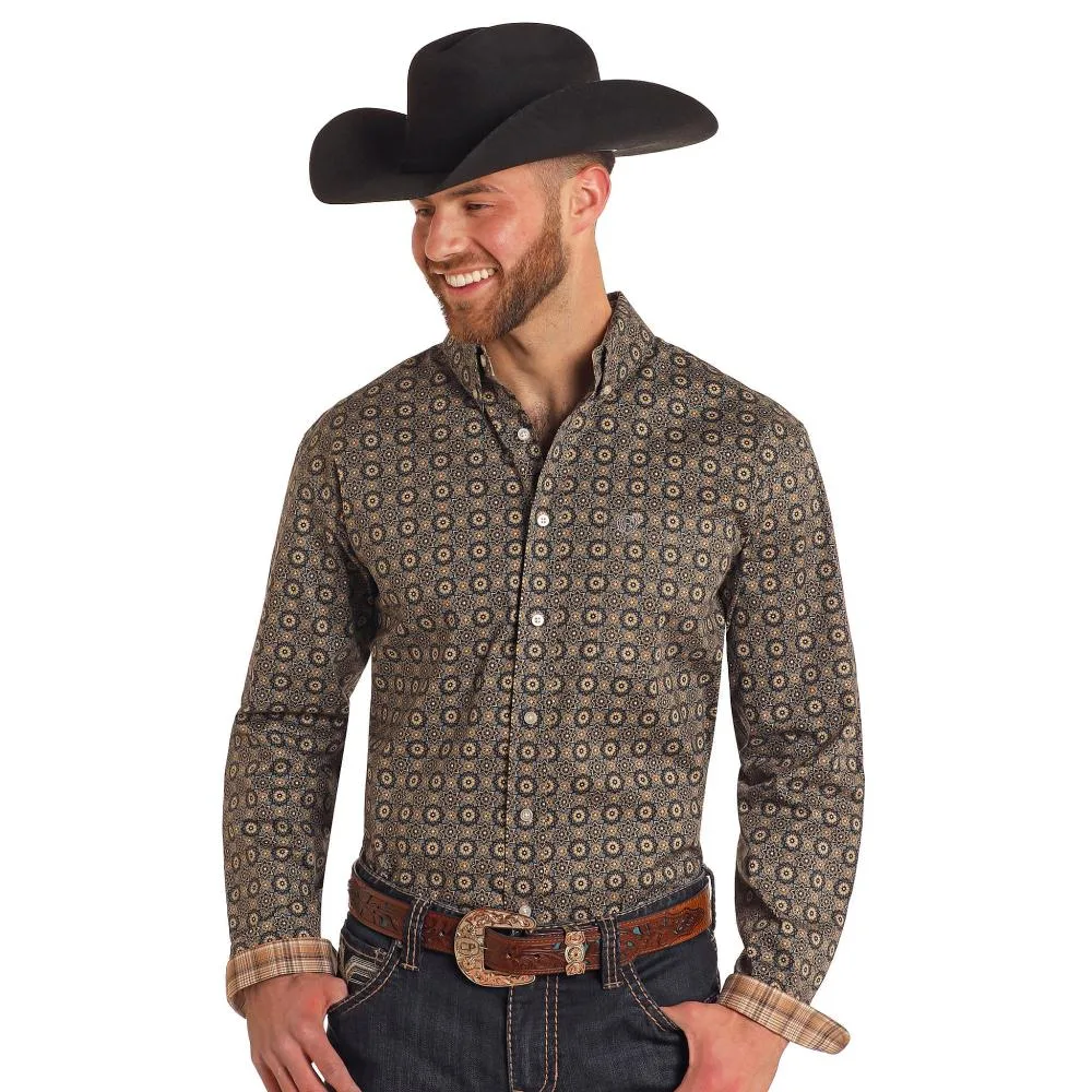 Panhandle Mens Brown Floral Medallion Print Long Sleeve Button Down Shirt