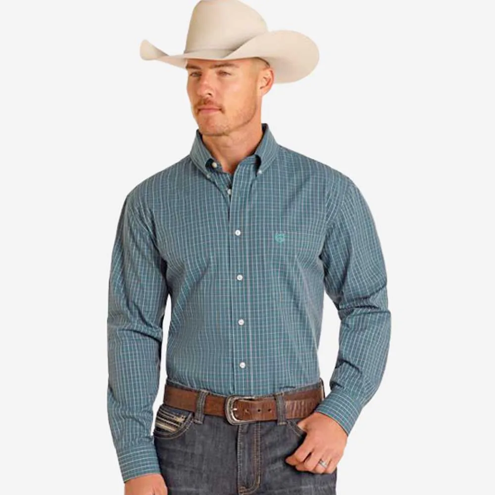 Panhandle Mens Teal Check Long Sleeve Shirt