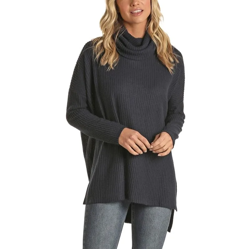 Panhandle Navy Waffle Knit Cowl Neck Top